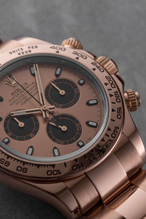 Rolex Daytona 116505 with a 40 mm rose gold case, rose gold oyster bracelet, and rose gold and black dial Rolex Rose Gold, Daytona Rose Gold, Rolex Daytona Rose Gold, Rolex Daytona Watch, Buy Rolex, Unique Roses, Gold Copper, Rolex Daytona, Pure Gold