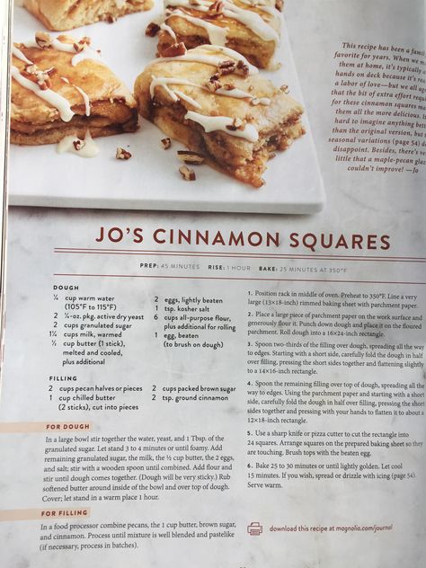 magnolia journal | winter 2018 | jo's cinnamon squares Cinnamon Squares, Joanna Gaines Recipes, James Martin Recipes, Magnolia Journal, Breakfast Recipies, Square Recipes, Sweet Snacks Recipes, Joanna Gaines, Breakfast Treats