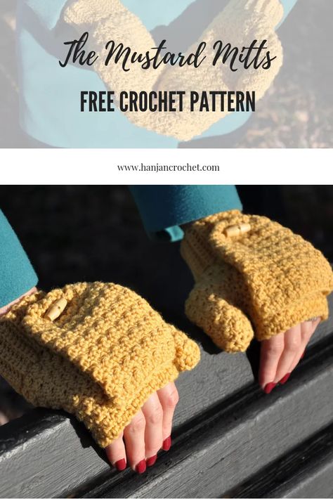 The Mustard Mitts – Free Crochet Pattern – HanJan Crochet Lined Crochet Mittens, Convertible Fingerless Mittens Crochet Free Pattern, Crochet Mittens With Flap, Mitts Crochet Pattern Free, Crochet Fingerless Gloves With Flap, Convertible Mittens Crochet Pattern Free, Simple Crochet Mittens, Crochet Pattern Mittens, Crochet Convertible Mittens Pattern