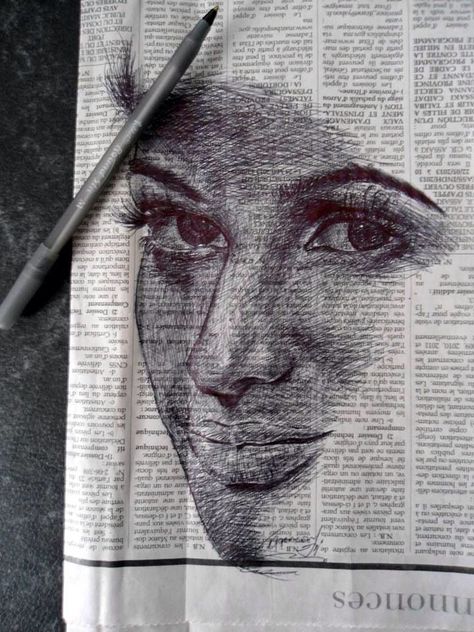 Newspaper Sketch, Ink Pen Art, Newspaper Art, Book Page Art, Artsy Pictures, Pen Sketch, Expressive Art, Inspirational Artwork, A Pen