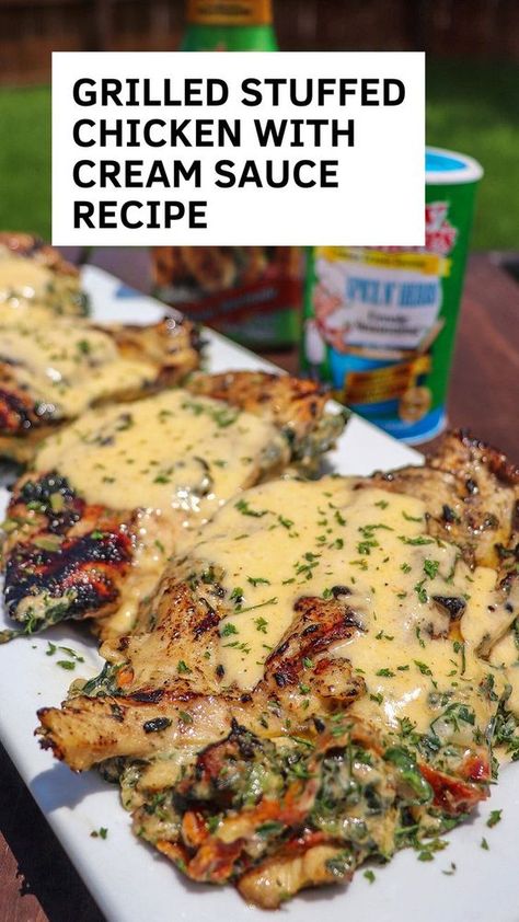 Authentic Cajun Recipes and Southern Recipes also lagniappe | **Grilled Stuffed Chicken with Cream Sauce** | Facebook Chicken With Cream Sauce, Grilled Stuffed Chicken, Broccoli Stuffed Chicken Breast, Cajun Recipes Authentic, Grilled Chicken Breast Recipes, Cream Sauce For Chicken, Grill Chicken, Easy Chicken Thigh Recipes, Cream Sauce Recipes