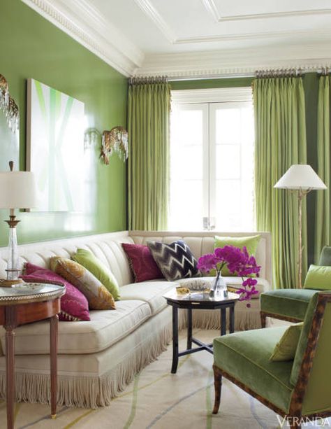 Lime appears on the walls, curtains, art, chairs, and throw pillows Ceiling Moulding, Salons Cottage, Avocado Design, Daufuskie Island, Bullion Fringe, Green Living Room, Interior Design Per La Casa, Green Walls, Design Salon