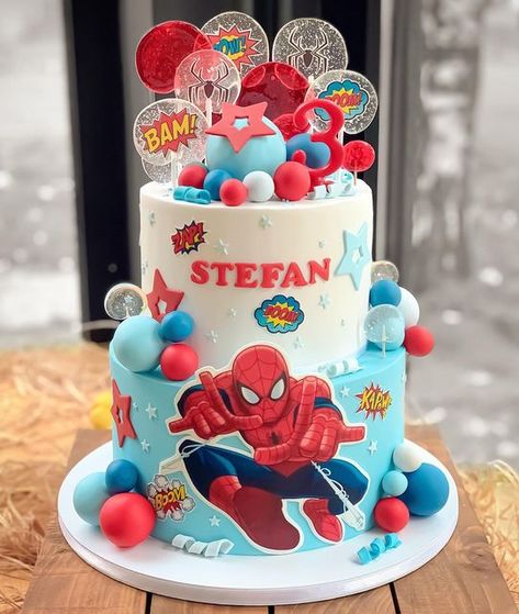 Spiderman Cake Birthday For Kids, Diy Superhero Birthday Party, Spidey Cake, Baby Tv Cake, Spidey Party, Spiderman Birthday Party Decorations, 3rd Birthday Cake, Modern Birthday Cakes, Spider Cake