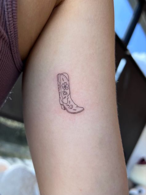 Cowboy Boot Tattoo Matching, Cowboy Hat And Cowboy Boot Tattoo, Fine Line Boot Tattoo, Cute Boot Tattoo, Fineline Cowboy Boot Tattoo, Small Cowboy Boot Tattoo For Women, Matching Cowboy Boot Tattoo, Floral Cowboy Boot Tattoo, Cute Cowboy Boot Tattoo