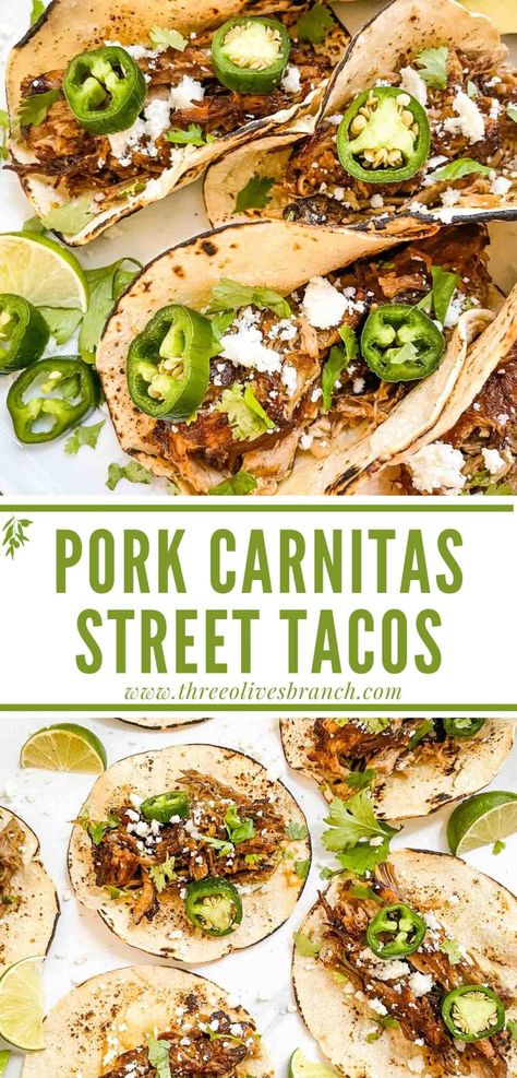 Carnitas Street Tacos Recipe, Carnitas Street Tacos, Pork Tacos Crockpot, Ground Pork Tacos, Mexican Pork Recipes, Shredded Pork Tacos, Pulled Pork Carnitas, Pork Carnitas Tacos, Street Taco Recipe