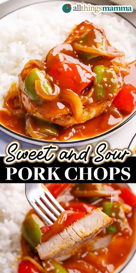 collage image of Sweet and Sour Pork Chops. Sweet And Sour Pork Recipe Easy, Sweet And Sour Pork Chops, Sweet N Sour Pork Recipe, Sweet Pepper Recipes, Sliced Onion, Bariatric Food, Pork Chop Recipes Baked, Pork Chop Dinner, Crockpot Pork Chops