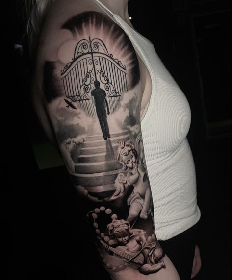 Heaven Stairs, Gates Of Heaven Tattoo, Gate Tattoo, Heaven Tattoo, Brandon King, The Gates Of Heaven, Memorial Tattoo Quotes, Gates Of Heaven, Heaven Tattoos