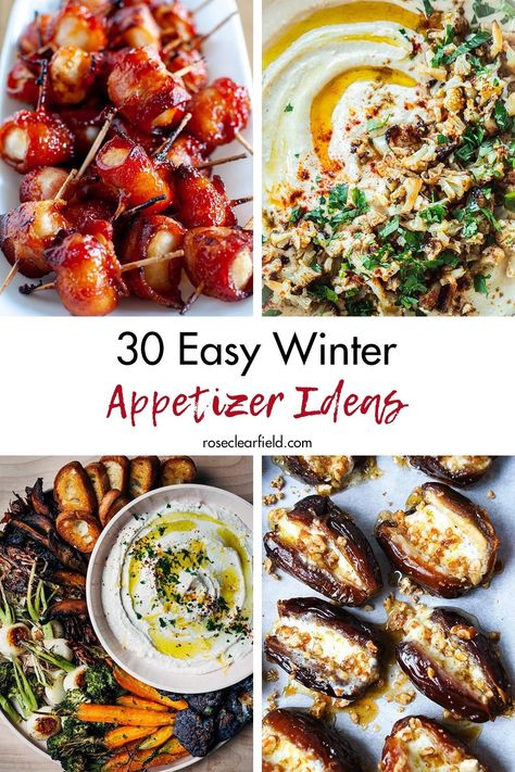 A round-up of 30 easy winter appetizer ideas for all of your cold weather entertaining! Quick sweet and savory appetizer recipes that are perfect for birthday parties, bridal showers, baby showers, and more. #appetizers #appetizerrecipes #easyappetizers Displaying Appetizers Presentation, Christmas Eve Horderves, Savory Winter Appetizers, Winter Catering Ideas, Winter Wonderland Savory Food, Wine And Horderves Party, Make Ahead Party Appetizers For A Crowd, Caprese Wreath Holiday Appetizer, Winter Crostini Appetizers