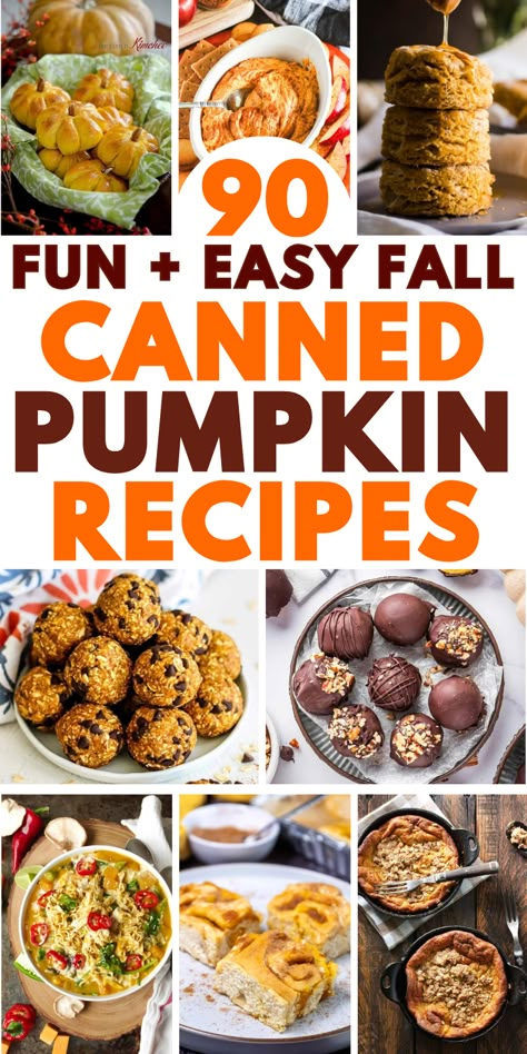 Easy ways to use canned pumpkin to make pumpkin desserts like cookies, bread, and muffins, plus healthy snacks, and fall dinner recipes. Dessert Recipes Using Canned Pumpkin, Pumpkin Canned Recipes, Recipes With Canned Pumpkin Easy, Canned Pumpkin Puree Recipes, Recipes With A Can Of Pumpkin, 1 Cup Pumpkin Puree Recipes, What To Do With A Can Of Pumpkin, Pumpkins Puree Recipes, Recipes For Canned Pumpkin