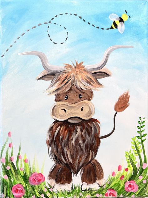 Highland Cow Painting "Mommy & Me Style"- Acrylic Painting Tutorial Hi Land Cow Painting, How To Paint A Highland Cow Easy, Mommy And Me Canvas Painting, Acrylic Highland Cow Painting, Easy Whimsical Acrylic Paintings, How To Paint A Highland Cow Step By Step, Painted Highland Cow, Highland Cow Painting Easy Step By Step, How To Paint A Cow Step By Step