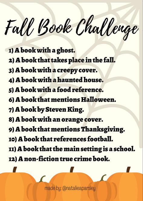 Halloween Reading Challenge, Fall Book Challenge, Autumn Reading Challenge, Books To Read During Fall, Autumn Books To Read, Tbr Prompts, Fall Reading Challenge, Fall Book List, Books To Read In Fall