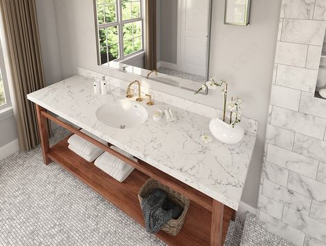 12 Best Quartz Bathroom Countertops in 2021 | Marble.com Quartz Countertops With Marble Floor, Quartz Countertop Bathroom Vanity, Marble Vanity Tops Bathroom, Quartz Countertops In Bathroom, Stone Bathroom Countertop, 2022 Bathroom Countertop Trends, Bathroom Vanity Quartz Countertop, Bathroom Counter Tops Quartz, Quartz Countertops For Bathroom