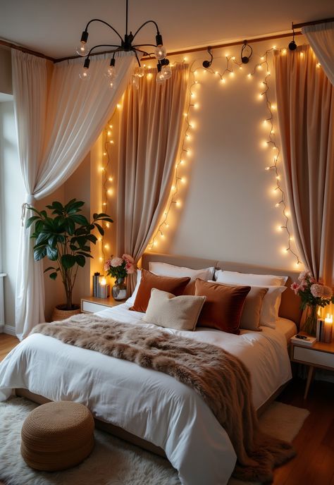 Boho Bedroom with Curtain Lights Sheer Curtain Lights Bedroom, Curtains On Bedroom Wall, Curtains Behind Bed No Window, Wall Curtains Behind Bed, Fairy Lights Headboard, Above Bed Canopy, Curtain Wall Behind Bed, Boho Bedroom Canopy, Small Cozy Bedroom Ideas Fairy Lights Room Decor