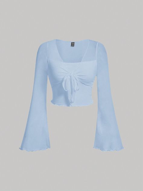 Tie Front Bell Sleeve T-shirt Baby Blue Casual  Long Sleeve Knitted Fabric Plain  Medium Stretch  Women Clothing, size features are:Bust: ,Length: ,Sleeve Length: Blue Tops For Women, Flare Shirts, Light Blue Long Sleeve Shirt, Aqua Clothes, Light Blue Crop Top Outfit, Cheap Light Blue Top For Streetwear, Trendy Light Blue Long Sleeve Shirt, Cheap Cute Light Blue T-shirt, Light Blue Shirt