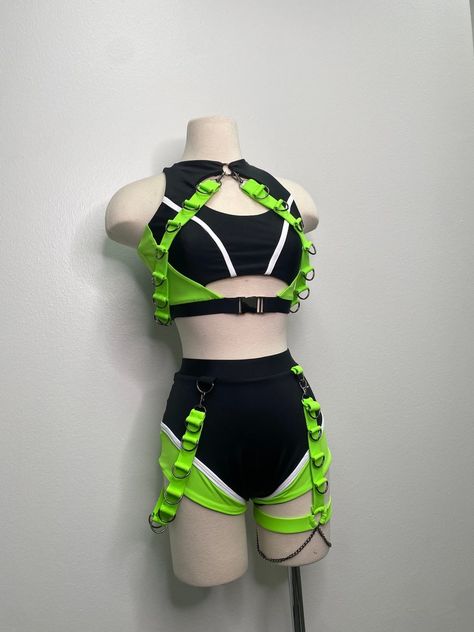 Rave Harness Set, Rave Set, Neon Rave Set, Harness, Rave Outfit, WWE Outfit, Performance Costume, Customizable - Etsy Female Rave Outfits, Electric Outfit Aesthetic, Rave Gear Women, Black And Neon Outfit, Rave Outfit Women, Rave Style Outfits, Rave Outfit Neon, Neon Outfit Ideas, Performance Outfits