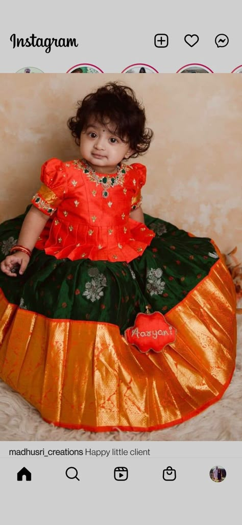 Pattu Langa For Infants, Baby Lehanga Blouse Patterns, Pattu Langa For Baby Girl, Ikkat Pattu Langa For Kids, Pattulanga Designs For Kids, Pattu Langa Designs For Kids, Pattu Pavada For Kids, Baby Langa Blouse Designs, Newborn Pattu Langa