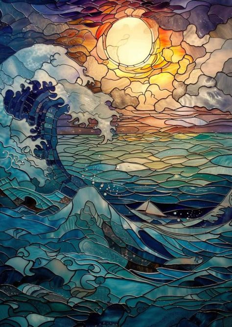 Paintings Of Stained Glass Windows, Ocean Themed Stained Glass Window, Glass Painting For Window, Ocean Glass Art, Unique Art Inspiration, Stained Glass Tattoos For Women, Stained Glass Art Ideas, Stained Glass Sky, Stained Glass People