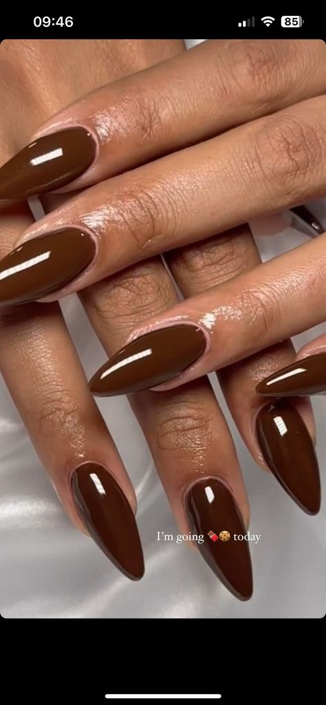 Brown And Lavender Nails, Nail Designs For Brown Skin Tones, Brown Nails Plain, Brown Nails Sparkle, Deep Winter Nails, Dark Brown Nail Art, Simple Nails Brown, Almond Acrylic Nails Solid Color, Almond Skin Tone