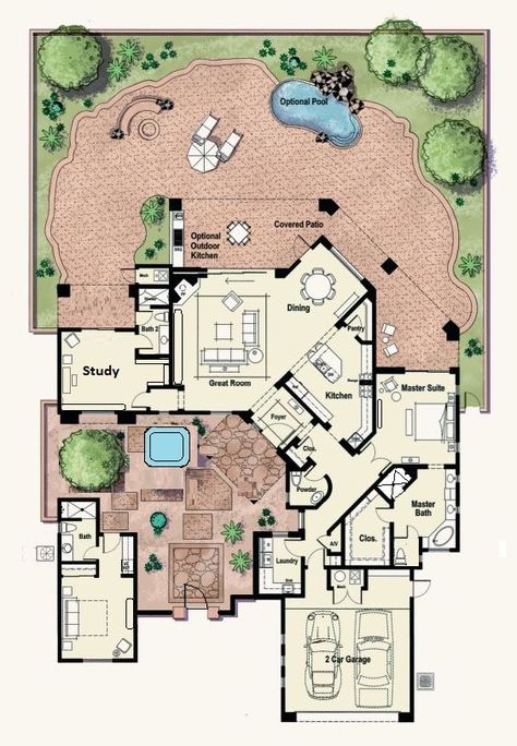 Inspirational Architecture, Country Floor Plans, Interior Courtyard, Sims Home, House Plans Mansion, Courtyard Design, House Plan, Home Inspiration, Mansion