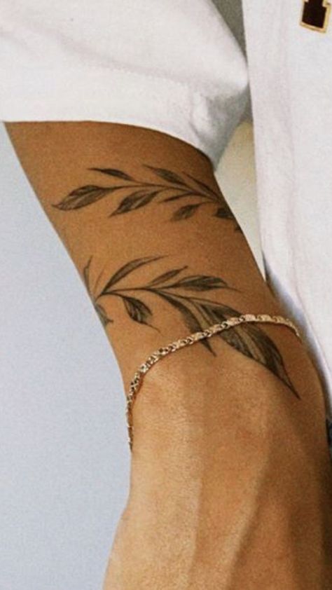 Vine Around Arm Tattoo Simple, Mini Art Tattoo, Around Wrist Tattoo Men, Men’s Vine Tattoo, Forearm Olive Branch Tattoo, Wrist Wrap Tattoo Men, Leaf Tattoo Arm Wrap, Vines On Arm Tattoo, Arm Wrap Tattoo Men