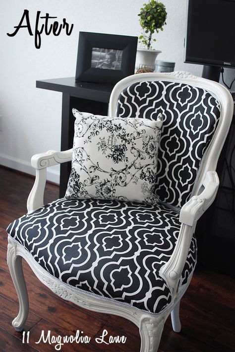 Chair reupholstered in black and white quatrefoil fabric--gorgeous! Ikea Childrens Chair, Reupholster Chair, Reupholster Furniture, Chair Makeover, White Chair, Chair Upholstery, Refurbished Furniture, Furniture Upholstery, Vintage Chairs