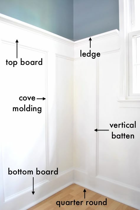 board and batten supplies:  1″ x 6″  (Don’t use baseboards with a fancy top, just a plain ol’ board will do.)  Top Board: Same as above, 1″ x 6″  Vertical Battens: 1″ x 4″  Ledge: 1″ x 2″  Cove Molding: 3/4″ x 3/4″  Quarter Round: 3/4″ x 3/4″ White Panel Board Wall, Three Quarter Board And Batten Wall, Three Quarter Wall Panelling, Trim Halfway Up Wall, Guess Bathroom Ideas, Bedroom Wainscoting, Wainscoting Hallway, Wainscoting Kitchen, Painted Wainscoting