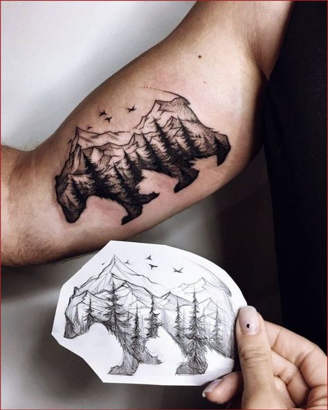 Berg Tattoo, Bear Tattoos, Landscape Tattoo, Forest Tattoos, Inspiration Tattoos, Bear Tattoo, E Tattoo, Mountain Tattoo, Diy Tattoo