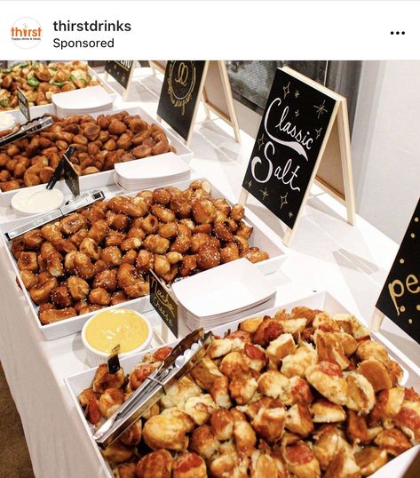 Different Food Stations Wedding, Chicken Nugget Buffet Wedding, Tater Tot Bar Wedding, Non Traditional Wedding Food Receptions, Soft Pretzel Cocktail Hour, Food Bars At Weddings, Food At Wedding Ideas, Loaded Potato Bar Wedding, Finger Food At Wedding