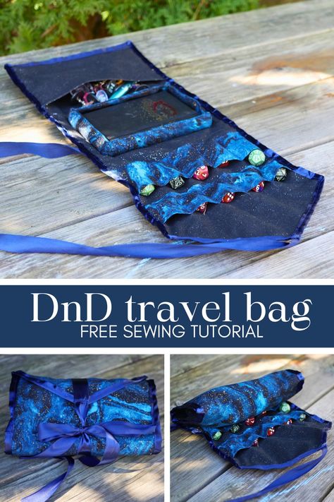 Follow this free tutorial to sew a DnD travel dice bag to take all your gaming essentials with you! Includes a place for your minis, notebook, dice, and a rolling mat. Nerdy Sewing Projects, Dnd Bag, Dice Box Diy, Diy Bag With Pockets, Dnd Diy, Dnd Crafts, Nerd Crafts, Cute Sewing Projects, Dice Bag