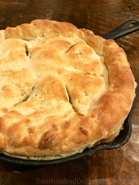 Cast Iron Skillet Chicken Pot Pie with a Biscuit Crust - One Hundred Dollars a Month Cast Iron Beef Stew, Pork Pot Pie Recipe, Iron Skillet Chicken Pot Pie, Beef Stew Pot Pie, Cast Iron Recipes Dinner, Iron Skillet Chicken, Skillet Chicken Pot Pie, Turkey Pot Pie Recipe, Pork Pot