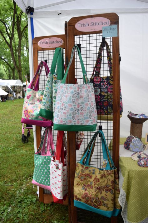 Trish Stitched Craft Show Display- Handmade Bags & Accessories Craft Show Purse Display, Pillow Displays Craft Show, Bag Stall Display Ideas, Boutique Bag Display, Purse Displays For Craft Shows, Bags For Craft Show Purchases, How To Display Bags At A Craft Show, Boutique Craft Show Display, Purse Display Ideas For Craft Shows