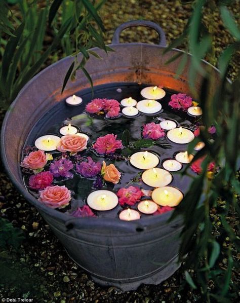 Floating flowers and candles at night in containers. www.ContainerWaterGardens.net Pretty Backyard, Mini Backyard, Spring Backyard, Zen Backyard, Simple Backyard, Spring Dance, Giant Jenga, Garden Kids, Garden Retreat