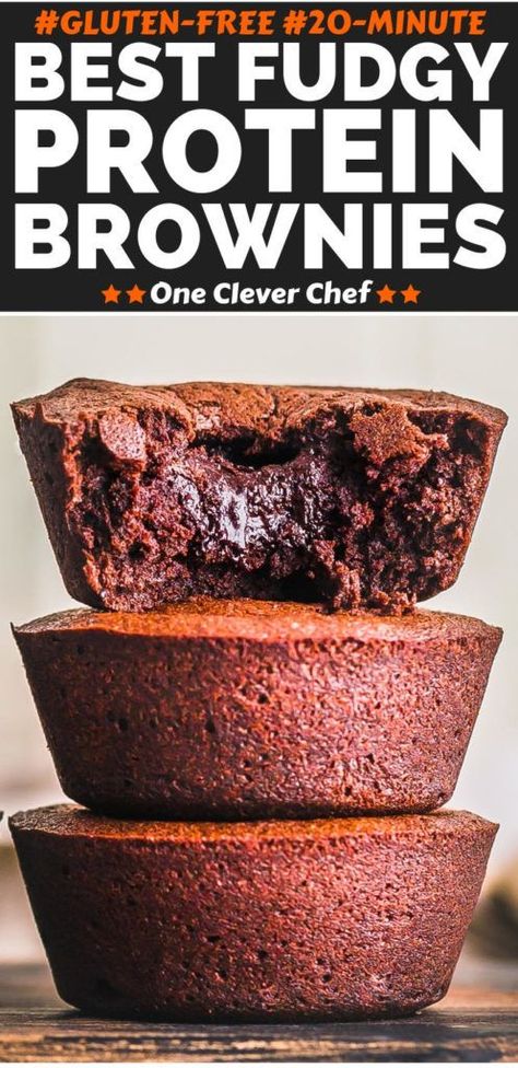 These bakery-style chocolate protein powder brownies are so good, you would never guess they are a protein snack. They are super fudgy, extremely tasty and their crunchy exterior is to die for. No banana and no peanut butter here, just the best, tastiest ingredients. They are gluten-free as usual and very easy to make. | onecleverchef.com #brownies #glutenfree #guiltfree #cleansweets Protein Powder Brownies, Bakery Brownies, Pancakes Low Carb, Protein Powder Pancakes, Keto Protein Powder, Baking With Protein Powder, Whey Protein Recipes, Clean Sweets, Protein Baking