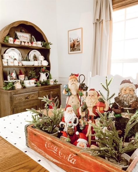 Holiday Home Tour 2021 > At Home in the Wildwood Santa Clause Christmas Tree, Vintage Christmas Decorating, Santa Christmas Decor, Santa Tray, Santa Collection, Vintage Christmas Crafts, Christmas Vignettes, Cozy Christmas Decor, Christmas Decorating Ideas