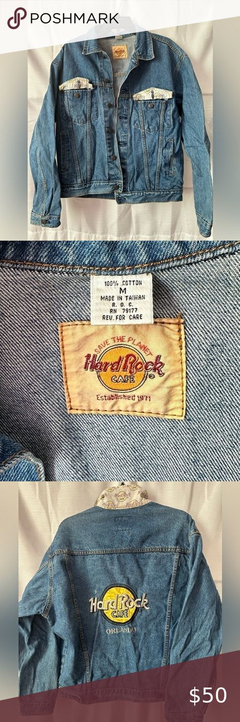 Vintage early 90’s, Hard Rock Cafe Orlando denim jacket, size Medium Rock Cafe, Hard Rock Cafe, Save The Planet, Hard Rock, On Back, Orlando, Denim Jacket, Stain, Cafe