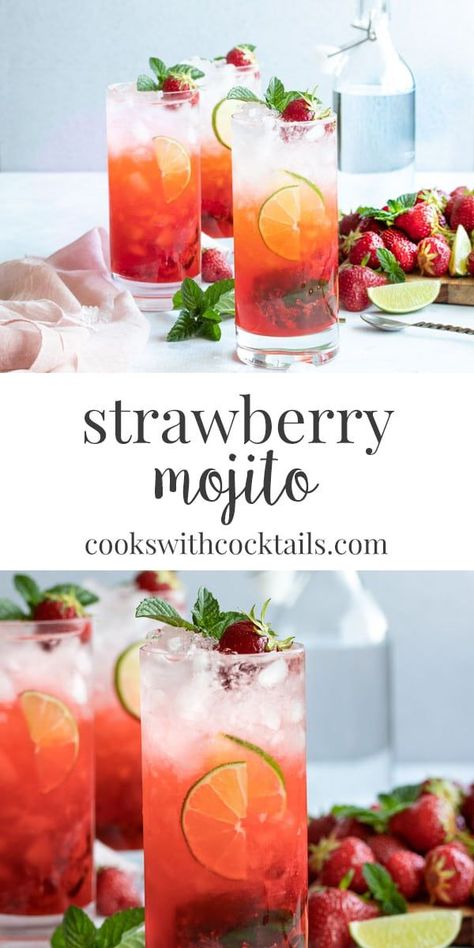 Rhubarb Mojito, Strawberry Mojito Recipe, Hawaiian Cocktails, Strawberry Cocktails, Fresh Strawberry Recipes, Valentines Snacks, Strawberry Mojito, Jello Shot, Mint Mojito