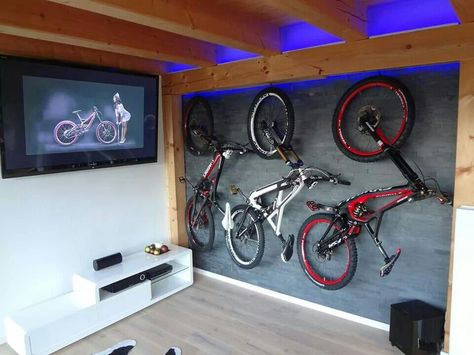 Mancave bike storage!!!!! Mountain Bike Storage, Bike Storage Home, Bike Storage Apartment, Rack Velo, Indoor Bike Rack, Bicycle Room, Bike Wallpaper, Bike Storage Garage, Bike Rack Wall