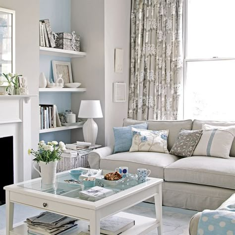 gray, white beige bedroom ideas | Ways To Decorate With Blues & Grays Pastel Living Room, Decor Ikea, Small Apartment Living Room, Coastal Living Rooms, Small Living Room Decor, Small Apartment Living, Blue Living Room, Classic Casual, Living Room Grey