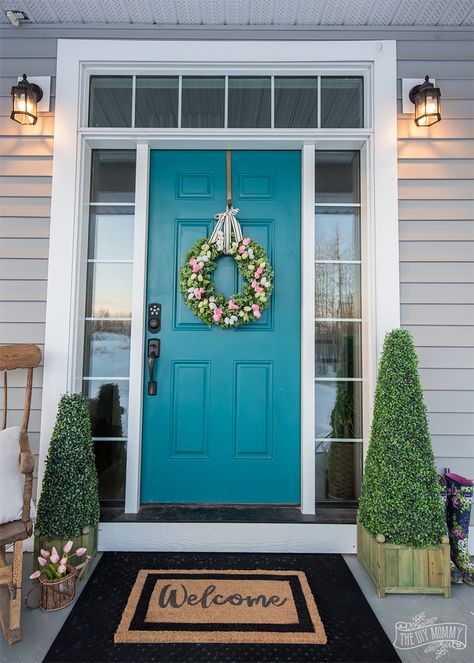 Spring 2018 Front Door & Living Room Tour | The DIY Mommy Accent Color Front Door, Teal Front Door Colors, Teal Front Door, Teal Front Doors, Teal Door, Diy Mommy, Pink Diy, Entry Mat, Turquoise Front Door