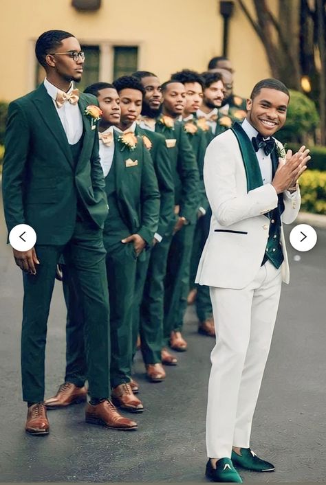 Groomsmen Tan Suit Green Tie, Green And Gold Groomsmen, Soft Green Wedding Theme, Green Bridal Party Groomsmen, Emerald Green And Copper Wedding, Green And Orange Wedding Theme, Green Suits For Men, Green Groomsmen, Tux Colors