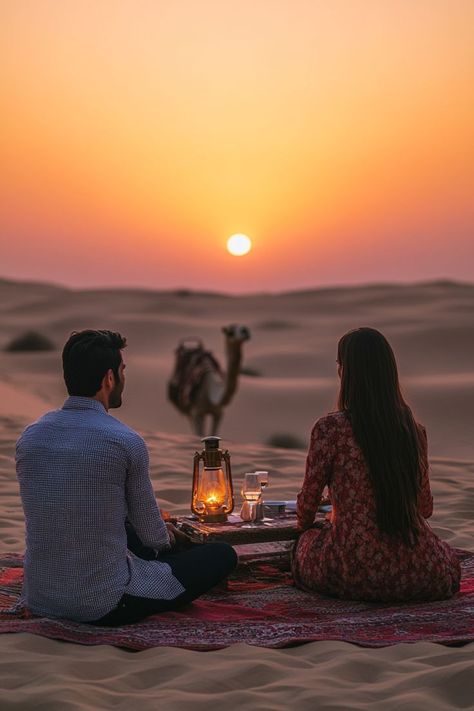 Experience luxury in the desert with a romantic escape to Dubai. Stay in a desert resort, enjoy a camel ride at sunset, and dine under the stars. 🏜��🌟🐫 #DubaiRomance #DesertAdventure #LuxuryEscape Dubai Couple, Uae Desert, Arab Desert, Sand Dunes Photoshoot, Desert Adventure, Desert Resort, Desert Safari Dubai, Desert Photography, Cruise Boat