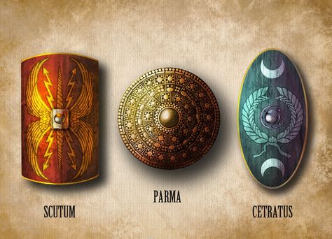 Tipos de escudos romanos:  Scutum, parma y cetratus Roman Shield, Imperiul Roman, Roman Armor, Roman Legion, Roman Warriors, Rome Antique, Empire Romain, Ancient Warfare, Roman Soldiers