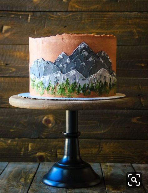 Desert Birthday Cake, Airbrushed Cakes Ideas, Mountain Cake Birthday, Birthday Cake Mountain, Cake With Mountains, Outdoorsy Cake, Mountain Cake Ideas, Mountain Cakes, Simple Cake Ideas