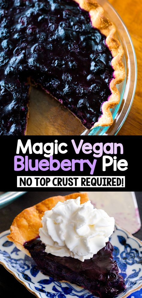 Magic Vegan Blueberry Pie (No Top Crust) Vegan Blueberry Desserts, Vegan Blueberry Pie Recipe, Vegan Blueberry Recipes, Vegan Blueberry Pie, Blueberry Recipes Easy, Deep Dish Cookie Pie, Dairy Free Dessert Easy, Decadent Recipes, Easy Blueberry Pie