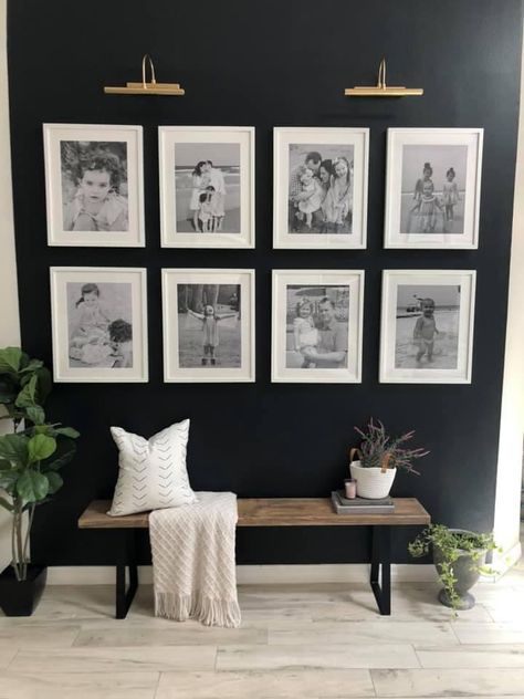 Picture Wall Ideas 11x14, Vintage Morden Interior, Big Entryway Wall Ideas, Betenbough Homes Decor, Black Wall Photo Gallery, Family Room Wall Decor Ideas Modern, Entryway Gallery Wall With Bench, Entryway Flex Room Ideas, Decor At Top Of Stairs