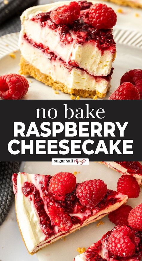 This cream no bake raspberry cheesecake is rich and luscious and easy to make too. Swirls of homemade easy raspberry jam through creamy cheesecake filling and a classic cookie crust. Why you'll love it: Intense, zingy raspberry. Silky smooth creamy cheesecake. No bake, so no water bath. Perfect for summer entertaining. No stand mixer required. Tang from sour cream, sweetness from white chocolate No Bake Raspberry Swirl Cheesecake, Lemon Raspberry Cheesecake No Bake, No Bake Raspberry Cheesecake Recipes, Raspberry Cheesecake No Bake, Raspberry Decoration, Cheesecake Recipes Easy No Bake, Easy Raspberry Cheesecake, Easy Raspberry Jam, Rasberry Cheesecake