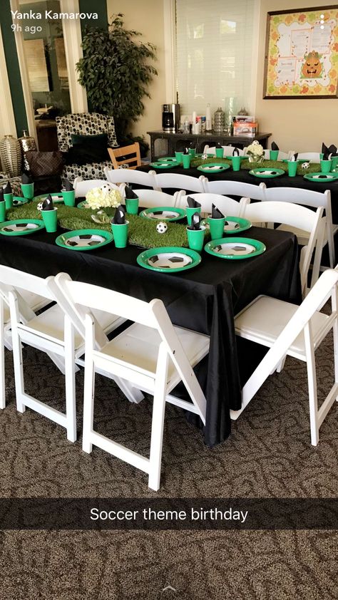 Soccer Theme Table Decor, Soccer Theme Table Centerpieces, Soccer Theme Birthday Party Decorations Centerpiece Ideas, Soccer Theme Party Decorations, Soccer Party Table Decor, Girls Soccer Theme Birthday Party, Soccer Theme Birthday Party Decorations, Soccer Mural, Soccer Birthday Theme