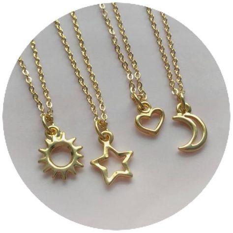 Best Friends necklaces, set of two, three or four! Or just four for yourself ;) Your choice of 10mm gold plated pewter Moon, Sun, Heart or Star pendant on 18” gold plated brass necklace, with tiny clasp closure. Also available in silver: https://www.etsy.com/ca/listing/500073607 One Four Friends Necklaces, Matching Necklaces For 4 Best Friends, Necklaces For 4, Best Friend Necklaces For 4 People, Friendship Necklaces For 4 Unique, Friendship Necklaces For 4, Four Best Friends, Best Friends Necklaces, Elephant Charm Necklace