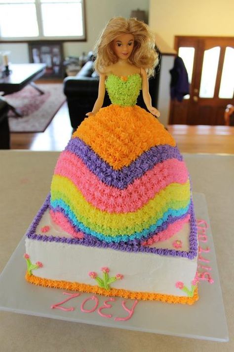 Rainbow Barbie Cake Rainbow Doll Cake, Rainbow Barbie Cake, Kids Birthday Morning, Rainbow Barbie, Barbie Dress Cake, Doll Cake Designs, Cinderella Birthday Cake, Barbie Doll Birthday Cake, 80s Birthday Parties