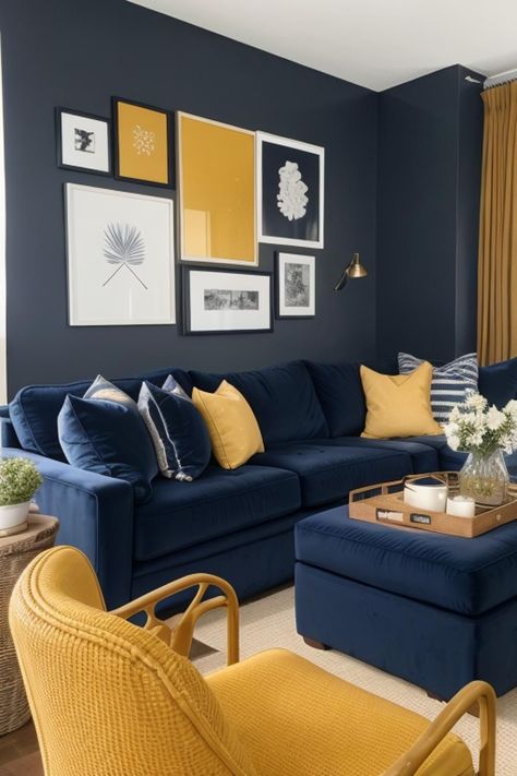 Navy And Mustard Living Room, Navy Blue Couch Living Room Decor, Living Room Bold Colors, Blue And Mustard Living Room, Black White Living Room, Mustard Living Rooms, Blue And Gold Living Room, Blue And Yellow Living Room, Blue Sofa Living